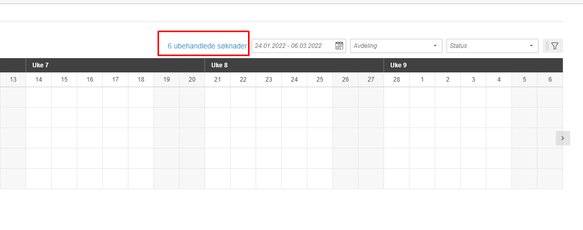 Søknadskalender viser 6 ubehandlede søknader, datointervall 24.01.2022 – 06.03.2022 med Avdeling og Status-filter