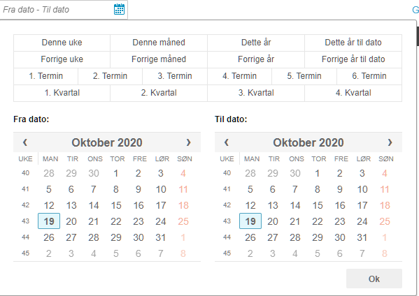 Datovalgdialog oktober 2020 med Fra dato og Til dato, 19. oktober valgt, Ok-knapp