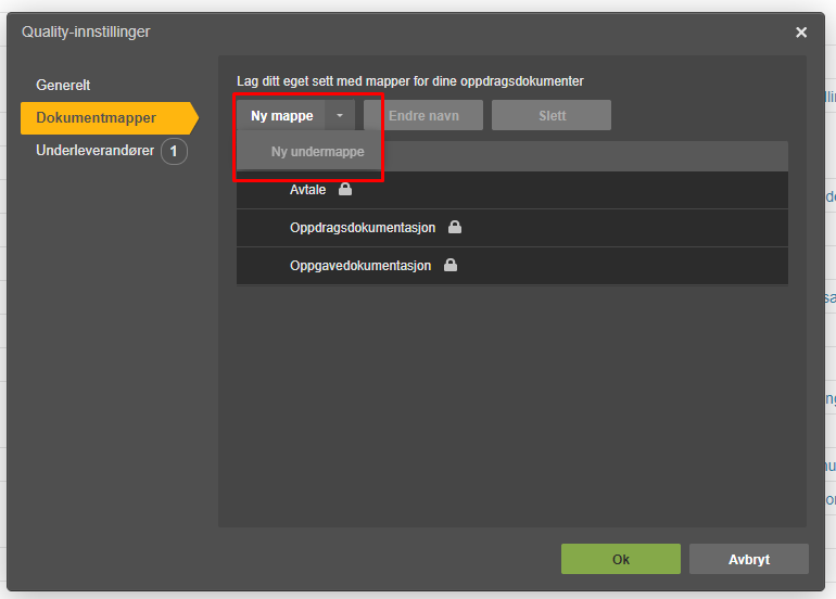 Kvalitet-innstillinger → Dokumentmapper: Ny mappe-dropdown, tre låste kategorier, Ok/Avbryt