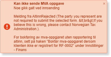 Feilvarsel: MVA-oppgave sendefeil. Melding fra Altinn avvist — kontakt Skatteetaten eller bokfør manuelt
