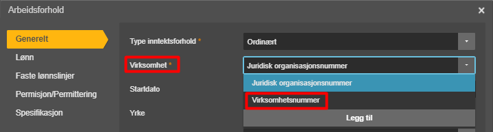 Arbeidsforhold-dialogboks med Type innleidsforhold = Virksomet, Ordinært = Juridisk organisasjonsnummer