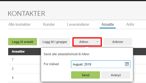 Send arbeidsforhold Altinn: rullegardin for mottaker, datofelt août.2019, Send og Avbryt-knapper