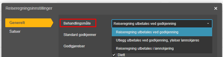 Reiseregninnstillinger Behandlingsmåte-fanen med dropdown Reiseregning utbetales ved godkjenning åpen