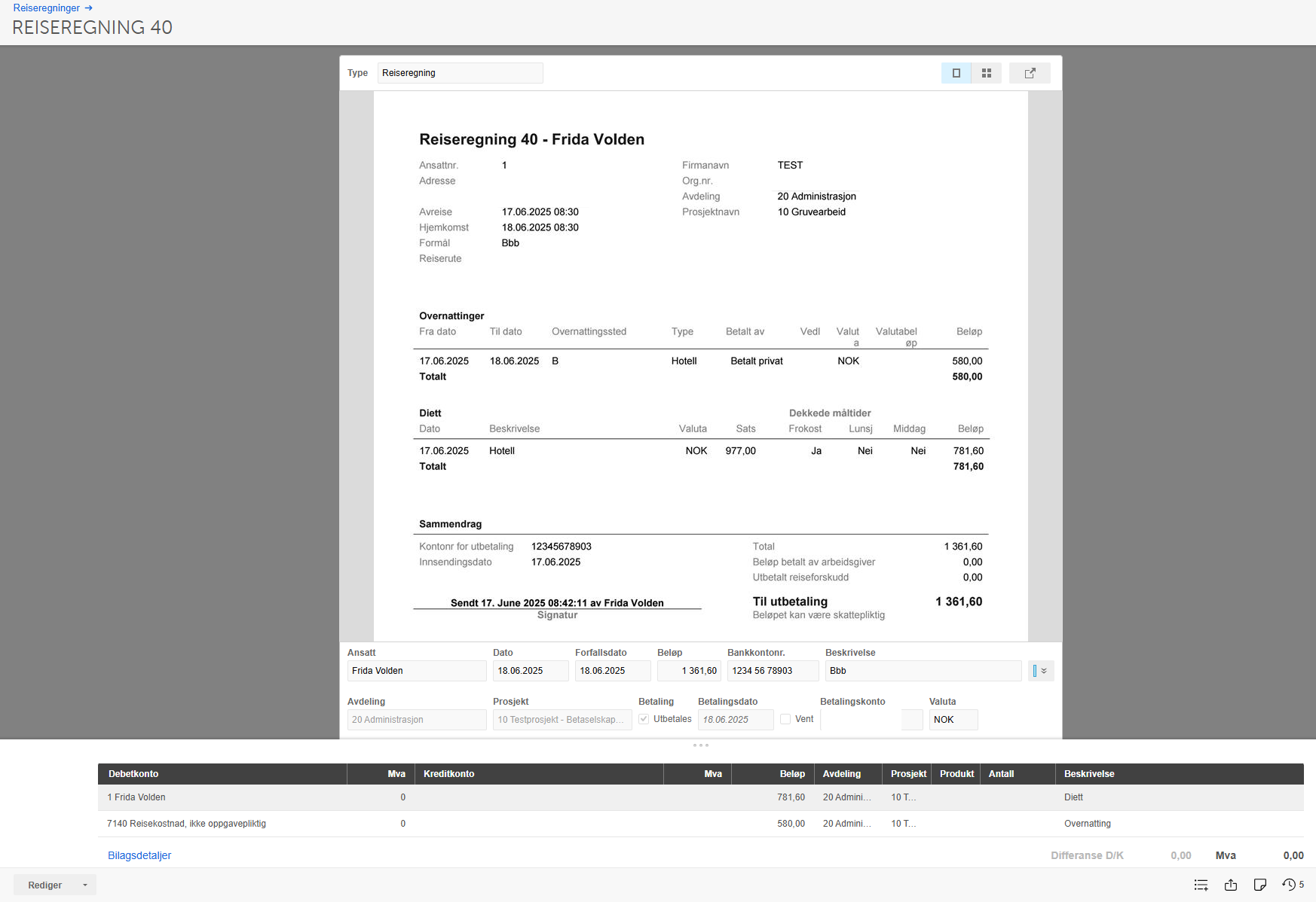 Reiseregning 40 Frida Volden: overnatting 580 NOK, diett 781,60 NOK, totalt 1 361,60 NOK