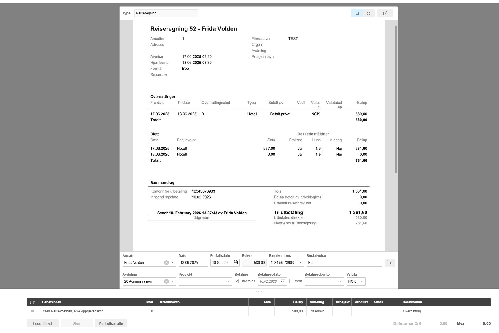 Reiseregning 52 Frida Volden: overnatting NOK 580 + diett NOK 781,60 = totalt NOK 1 361,60 med bokføringsfelter