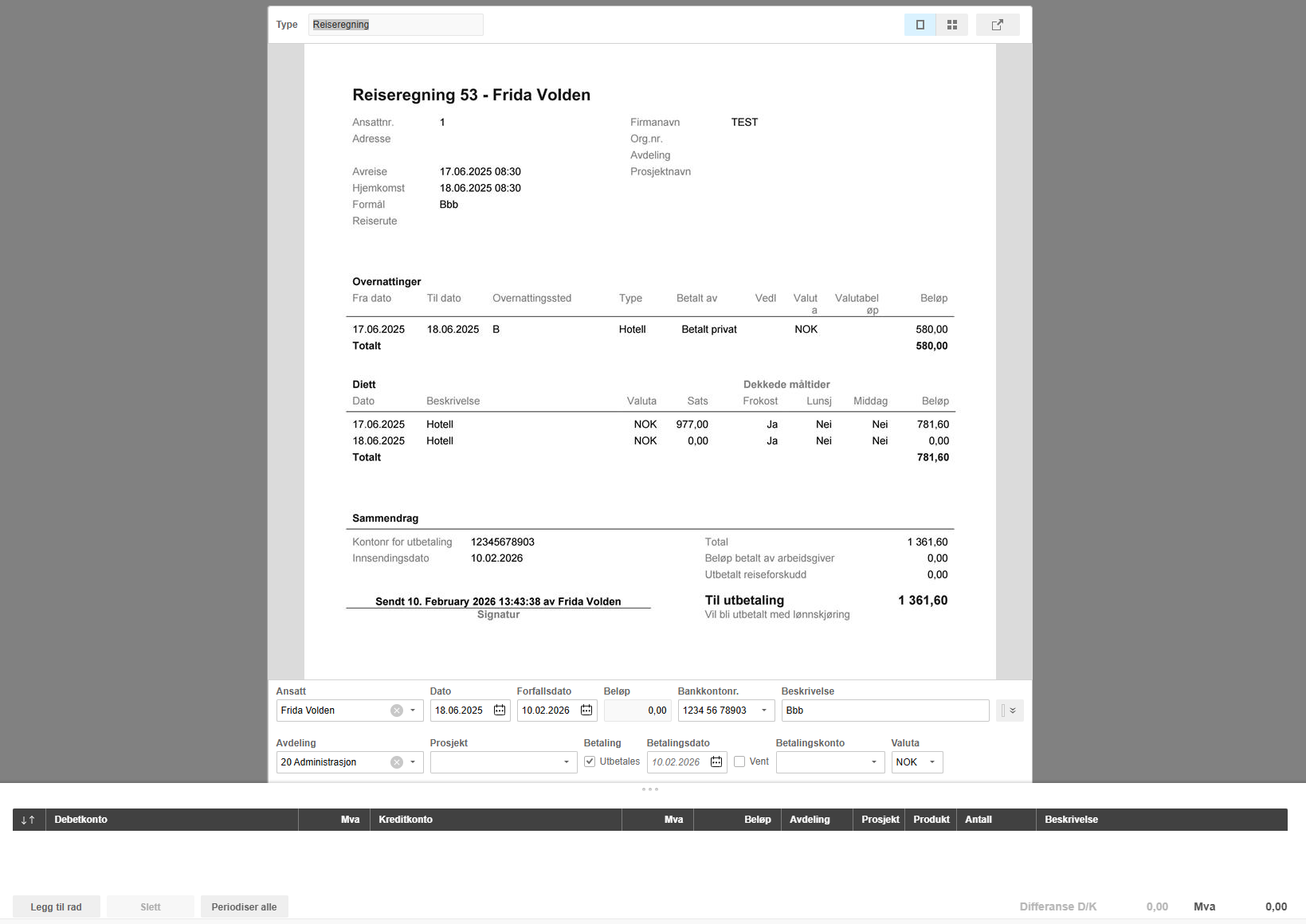 Reiseregning 53 Frida Volden: overnattinger NOK 580, diett NOK 782, totalt NOK 1 362 til utbetaling