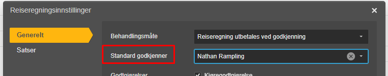 Reiseregninsinnstillinger: Standard godkjenner og Nathan Ramping valgt for utbetaling