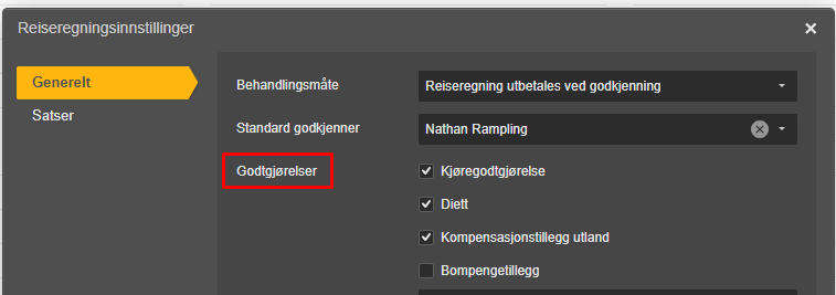 Reiseregninsinnstillinger: Standard godkjenner Nathan Rampling, Kjøregodtgjørelse og Diett aktivert