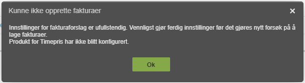 Feilmeldingsdialog: Kunne ikke opprette fakturaer — innstillinger for fakturaformat ufullstendig