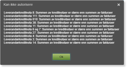 Feilmeldingsdialog: Kan ikke autorisere — leverandørkreditnota uten autorisasjon