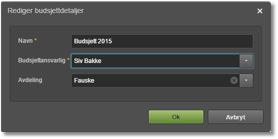 Rediger budsjettdetaljer: Navn «Budsjett 2015», Ansvarlig «Siv Bakke», Avdeling «Fauske»