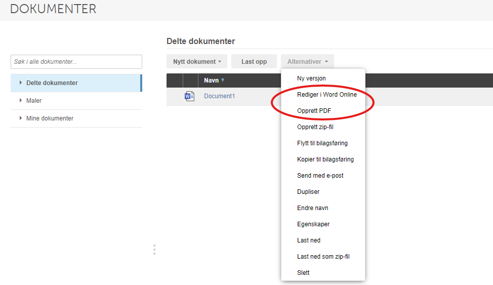 Delte dokumenter med Document1 og kontekstmeny: Redigier Word Online, Opprett PDF, zip-fil, deling og flere alternativer