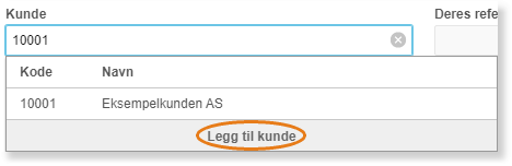 Kundeliste med kunde 10001 Eksempelkunden AS valgt, Legg til kunde-knapp markert