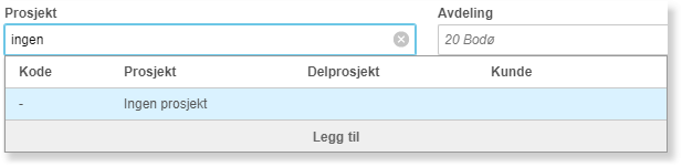 Ny prosjekt-dialogboks med søk, kolonnene Kode/Projekt/Delprosjekt/Kunde og avdeling 20 Bode