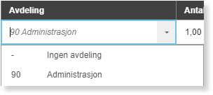 Avdelingsliste: «00 Administrasjon» valgt, viser alternativer «Ingen avdeling» og «90 Administrasjon»