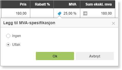 Dialogboks MVA-spesifikasjon med Ingen/Uttak-valg, Uttak markert, Ok og Avbryt-knapper