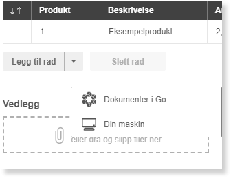 Produkttabell med eksempelprodukt. Nedtrekk viser vedlegg-meny: «Dokumenter i Go» og «Din maskin»
