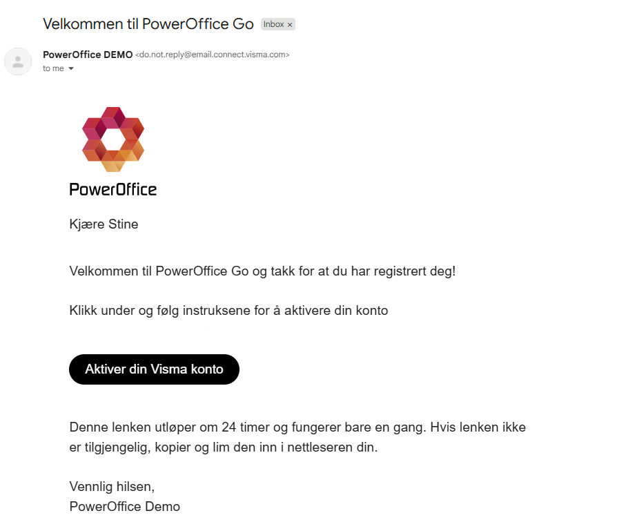 Velkomstemail fra PowerOffice DEMO med Aktiver din Visma konto-knapp