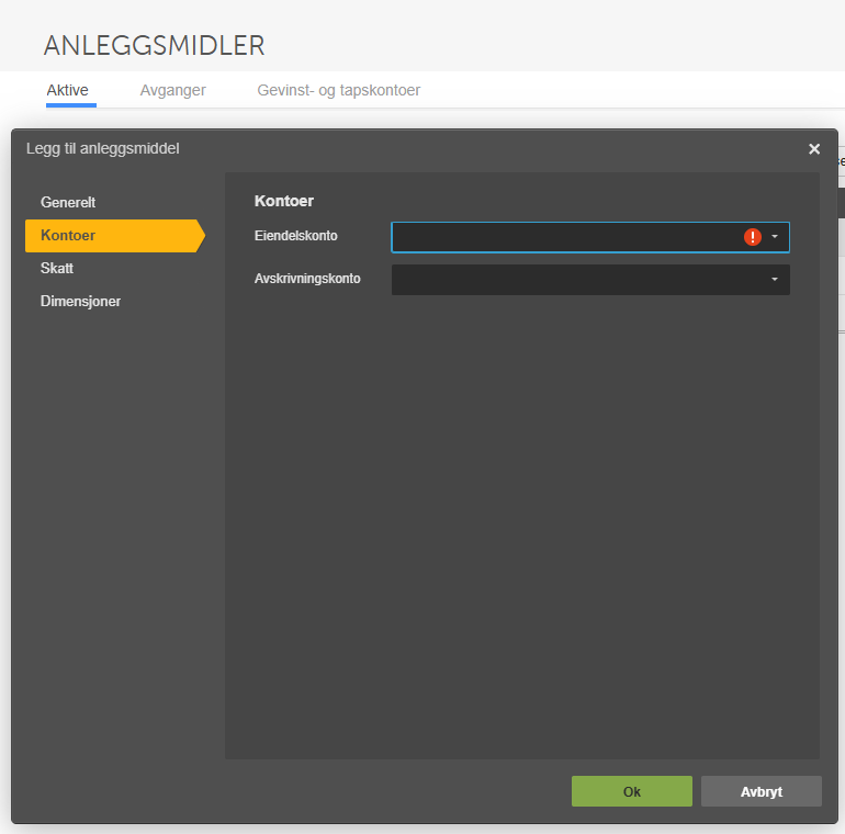 Dialogboks Legg til anleggsmiddel → Konto med Eiendelskonto-felt (varsel) og Avskrivningskonto-dropdown