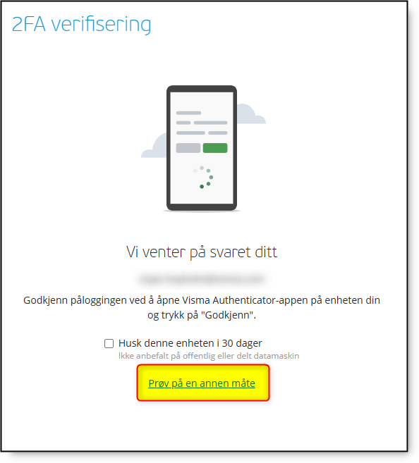 Dialog med "venter på svaret ditt" fra 2FA, og mulighet for alternativ måte