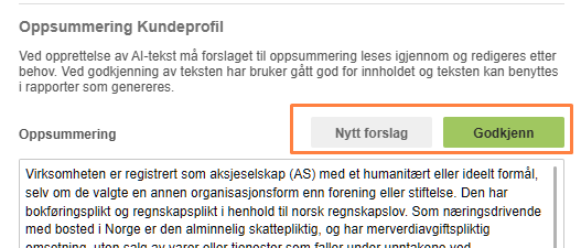 Oppsummering Kundeprofil: virksomhet registrert som AS, humanitært/ideelt formål. Knapper: Nytt forslag, Godkjenn