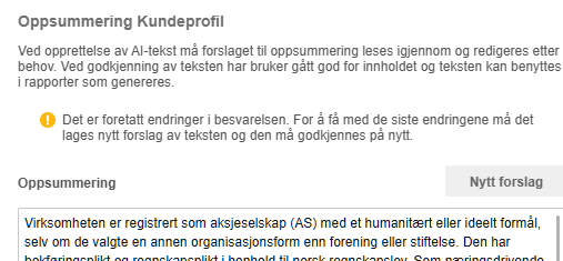Oppsammering kundeprofil: AI-tekst må godkjennes før lagring. Eksempel viser virksomhetsinformasjon.