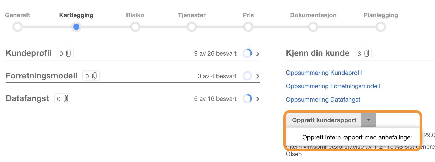 Kartleggingsfanen: Kundeprofil 9/26, Forretningsmodell 0/4, Datafangst 6/16 besvart. Opprett kunderapport-meny åpen.
