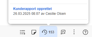 Kunderapport opprettet 26.03.2025 08:07 av Cesilie Olsen. Verktøylinje: liste, kort, 153 aktiviteter, bokmerke, meny, hjelp