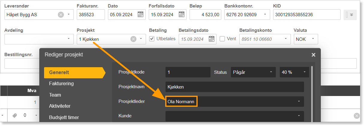 «Rediger projekt»-dialog: Prosjektkode 1, navn Kjøkken, projektleder Ola Normann markert, Status Pågår, 40 % fullført