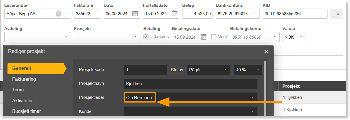 Rediger prosjekt-dialogboks: Projektkode 1, navn Kjøkken, leder Ola Normann, status Pågar, 40 % progresjon