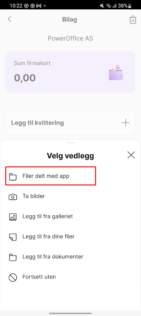 Vedlegg-meny med «Filer delt med app» markert. Alternativer: Ta bilder, Galleriet, Egne filer, Dokumenter, Fortsett uten.