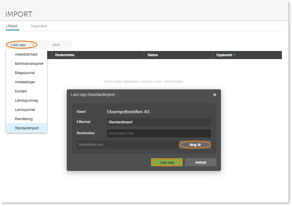 Importdialog: Eksempelbedriften AS → Standardimport → SalaryBasis.xlsx med Velg fil-knapp