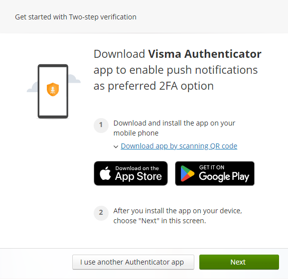 Last ned Visma Authenticator for 2FA. App Store → Google Play eller velg annen app.