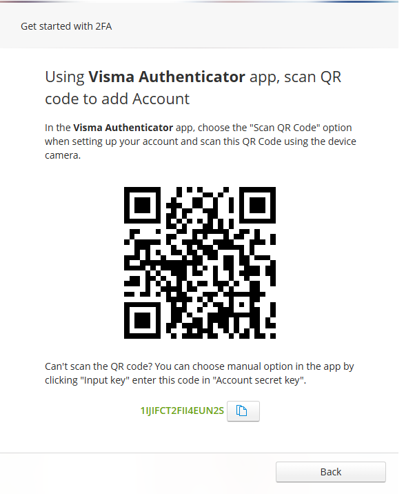 QR-kode for Visma Authenticator 2FA-oppsett; manuell nøkkel: 1IJIFCT2FII4EUN2S
