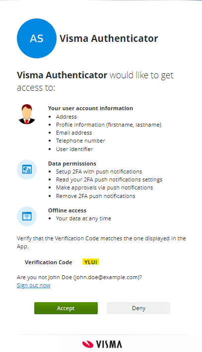 Visma Authenticator autorisasjonskrav: kontoinfo, 2FA-tillatelser, offline tilgang + verifikasjonskode YLUI