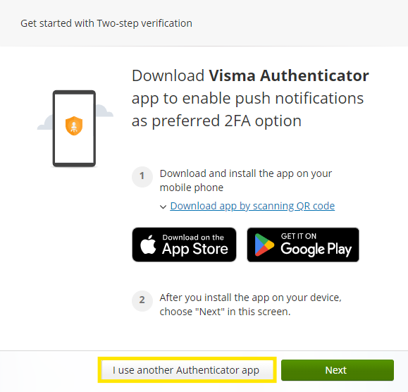 Smartphone med sikkerikon, App Store/Google Play-lenker, installasjonsveivisning, Next-knapp