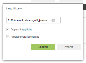 Dialogboks: legg til konto 7190 Annen kostnadsgjødgjørelse med Opplysingspliktig og Arbeidsgiveravgiftspliktig avmerket