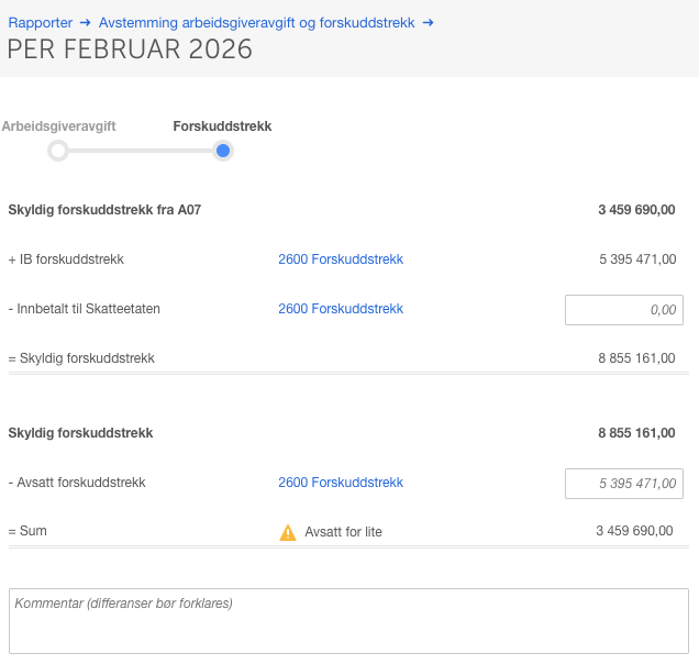 Avstemmingsrapport februar 2026: skyldig forskuddstrekk 3 459 690 kr, IB-tillegg 5 395 471, sum 8 855 161