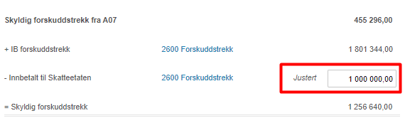 Skyldig forskuddstrekk A07: IB 2500 + justert 1 000 000 = skyldig 1 256 640