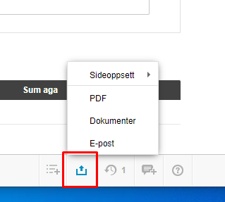 Distribusjonsmeny: Sideoppstett, PDF, Dokumenter, E-post. Nedlastingsknapp merket rødt