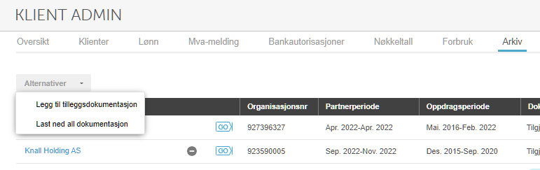 Arkiv-fanen med Alternativer-meny: «Legg til tilleggsdokumentasjon» og «Last ned all dokumentasjon»