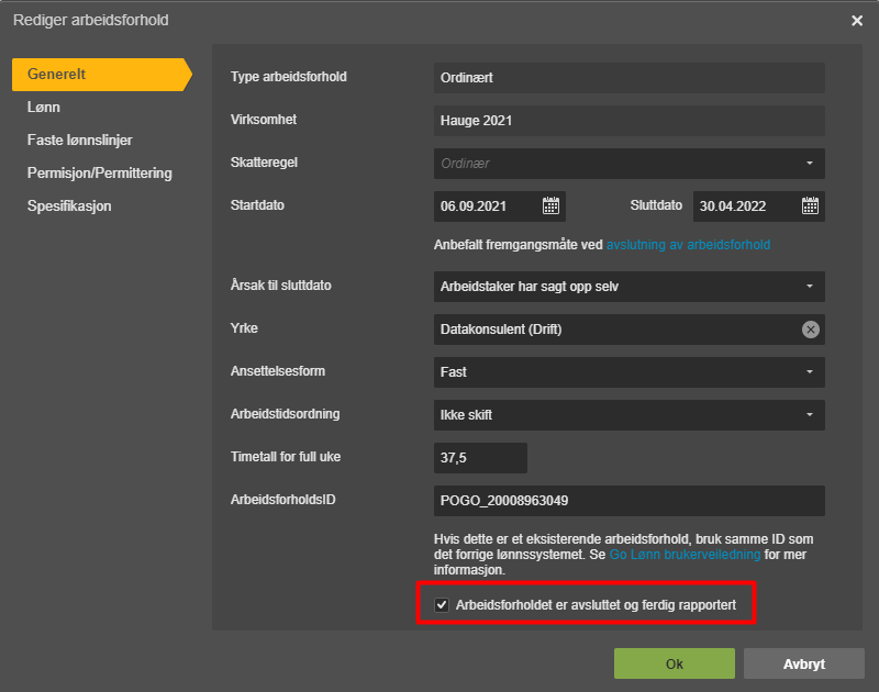 Generelt-fane, Rediger arbeidsforhold: Hauge 2021, 06.09.2021–30.04.2022, avsluttet