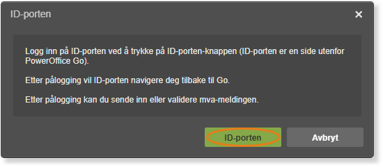 ID-porten dialogboks med ID-porten og Avbryt-knapper — autentisering for mva-meldinger
