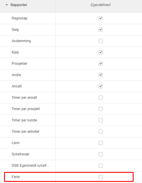 Rapporter-liste med Regnskap, Salg, Kjøp, Prosjekter, Andre, Ansatt aktivert. Ferie-rad markert.