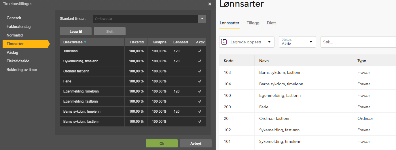 Timeinnstillinger-dialog: Standard timeart → Lønnsarter-fanen med koder 100-200, typer Fravær/Ordinær