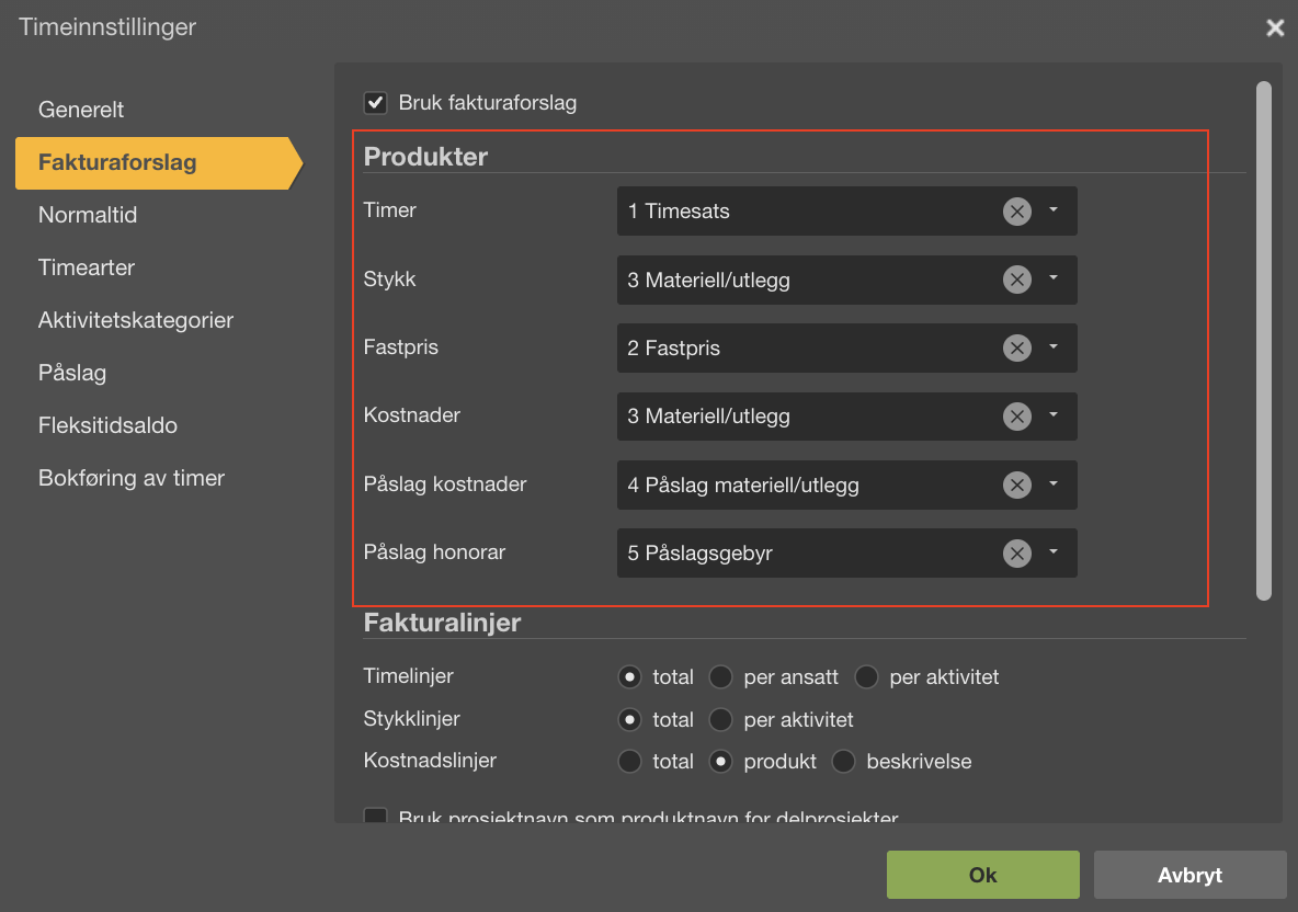 Timeinnstillinger Fakturaforslag: Produkter-seksjon med timerkategorier og fakturalinjer-seksjon med summerings-alternativer