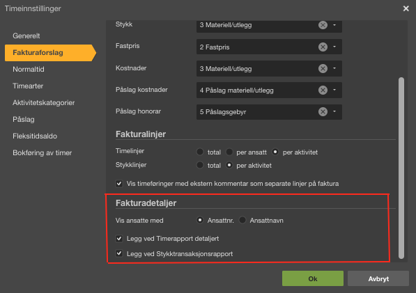 Fakturaoraslag-innstillinger: stilrader, fakturalinier- og detaljeropsett med rapportavkrysninger