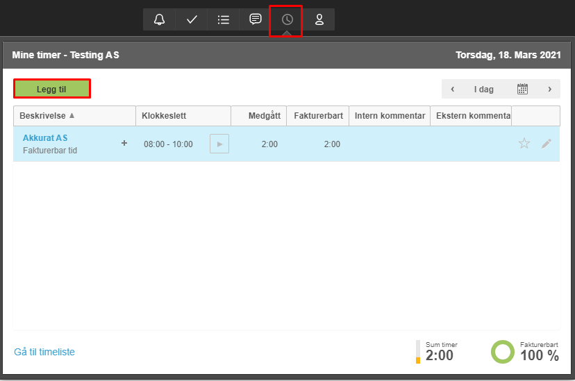 Timeliste Testing AS med Akkurat AS-timepost 08:00–10:00, 2 timer fakturerbar, totalt 2:00 timer