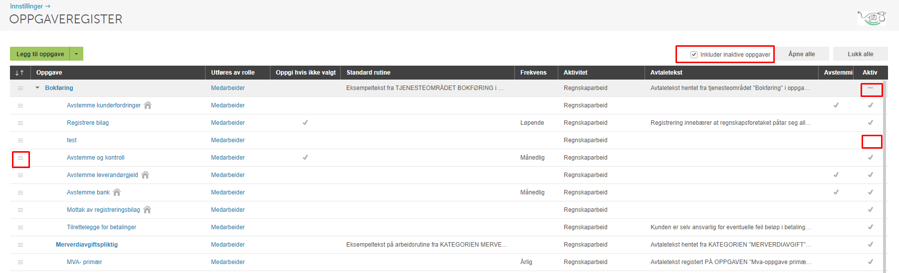 Oppgaveregister med filter for inaktive. Bokføring, avstemminger, MVA-primær med frekvens og status.