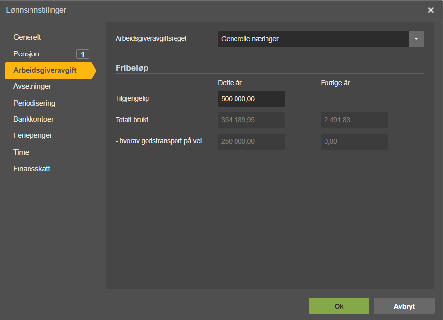 Lønnsinnstillinger Pensjon → Arbeidsgiverarbeidsgift: Fribelop 500 000,00, brukt 354 189,95